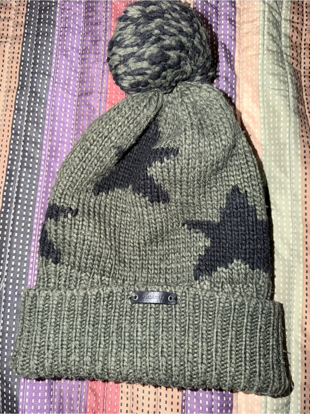 Women’s Coach Green Knit Pom Beanie with Star Pattern